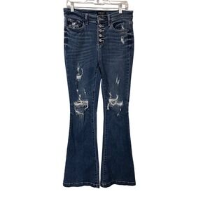 Judy Blue Women's Button Fly Distressed‎ Trouser Flare Jeans Size 9 29 Preppy